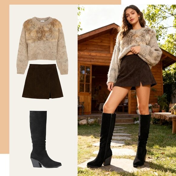 Womens Knee High Faux Suede Boots Stacked Chunky Heel Side Zipper Tall Boots - Picture 6 of 7